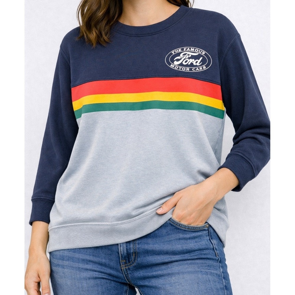 Ford Motor Cars Womens‎ Blue Colorblock Graphic Sweatshirt Medium Hybrid Apparel